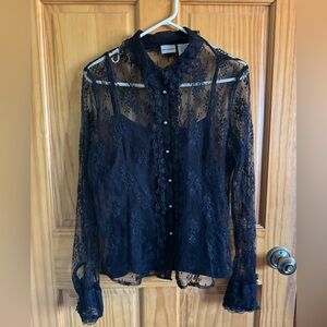 White Stag Black Lace Sheer Button Front Blouse L 12/14